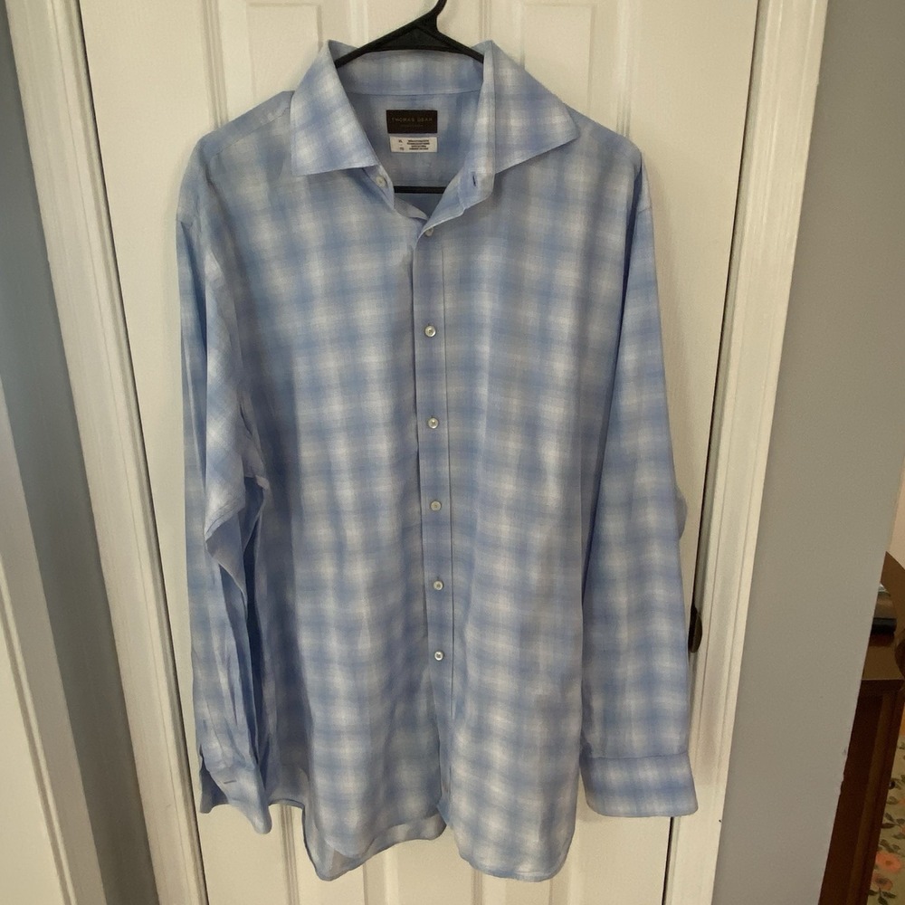 Thomas Dean Button Down Shirt Men XL Blue Plaid Italian Luxury Cotton L/S - Picture 2 of 5